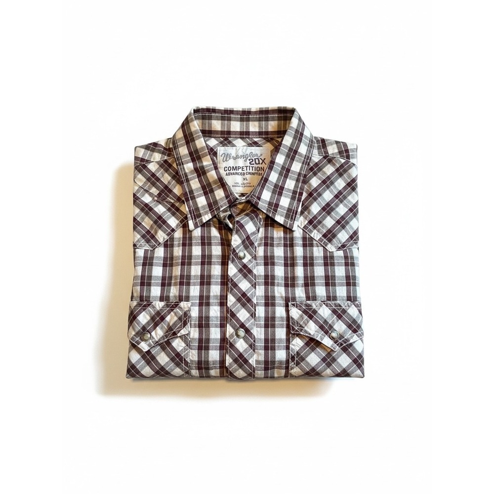 Wrangler 20X Western Shirt XL Burgundy Black Plaid Pearl Snap Cowboy Rodeo